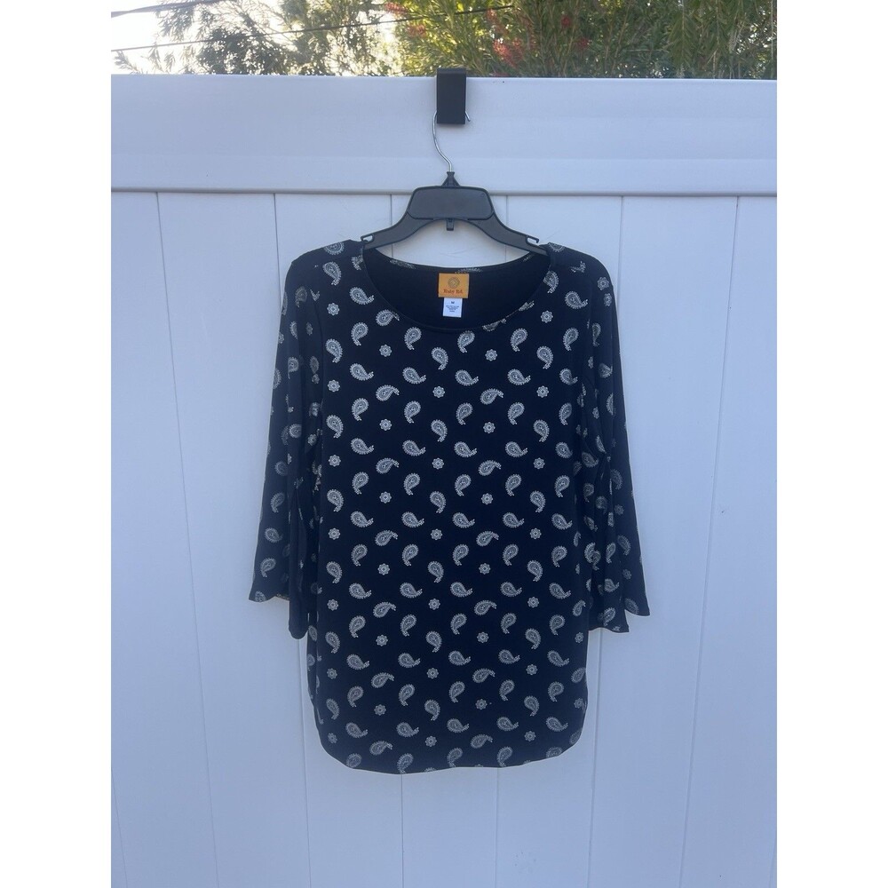 Ruby Rd Womens Top 3/4 Sleeve Sz Medium Black White Paisley